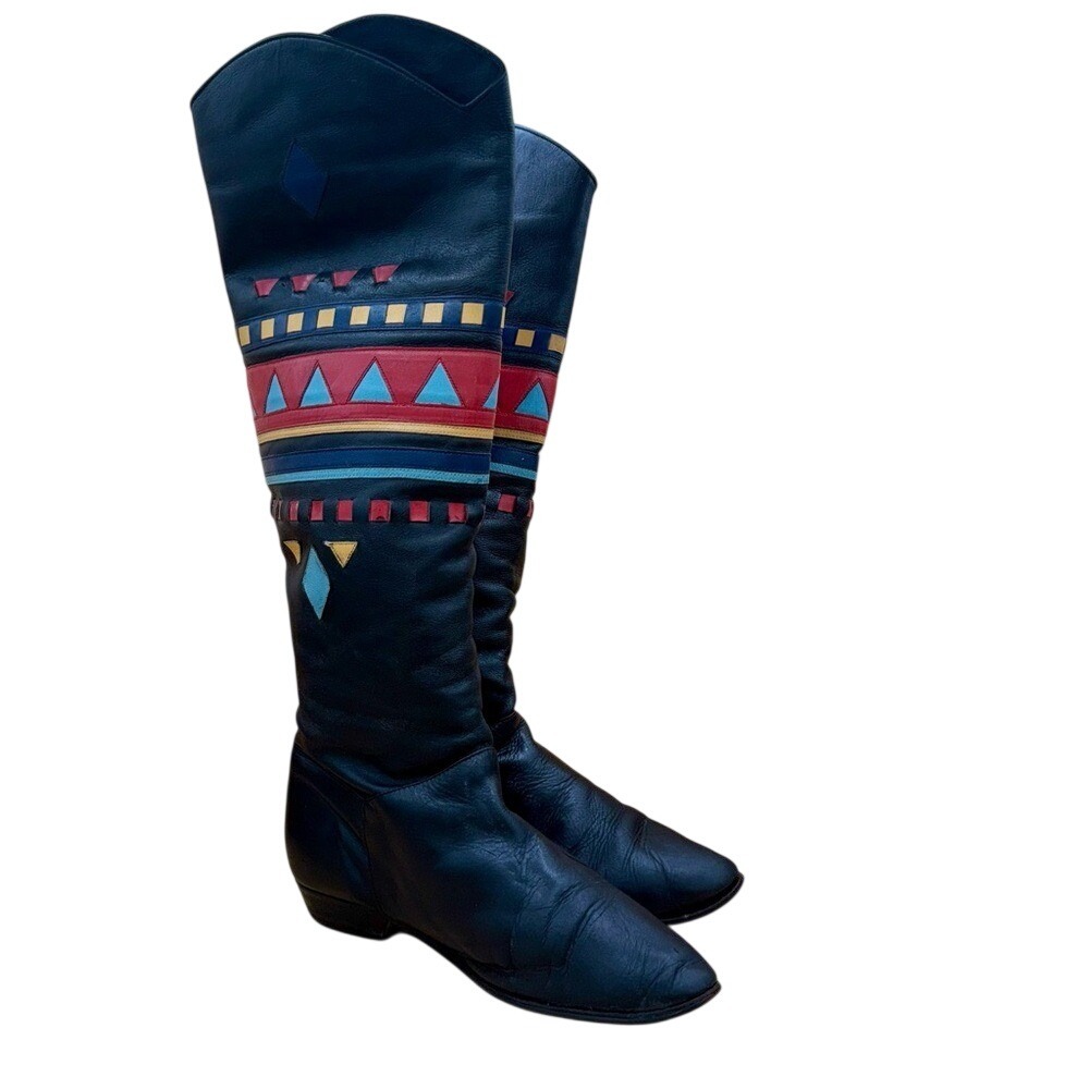 Vintage 80's geometric cut/woven leather boots, Pre-owned, Size 7.5 Rare